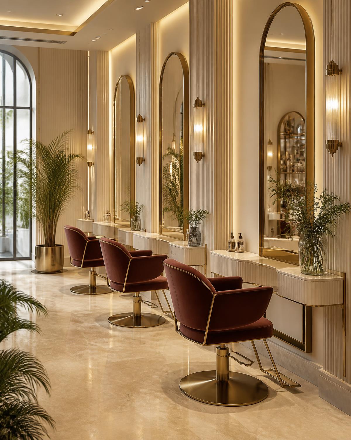 Interior of Image ladies salon in Rajarampuri, Kolhapur with arched mirrors and velvet styling chairs