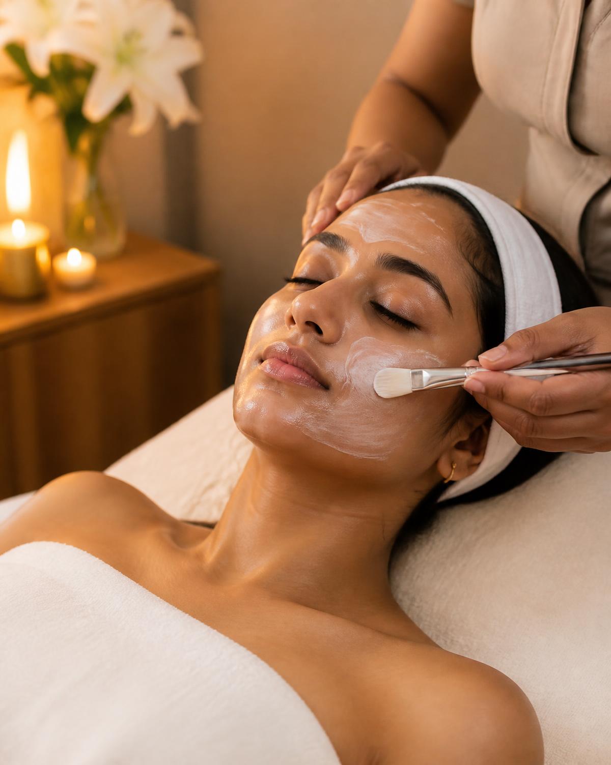 Indian woman receiving a facial treatment at Image beauty salon in Rajarampuri