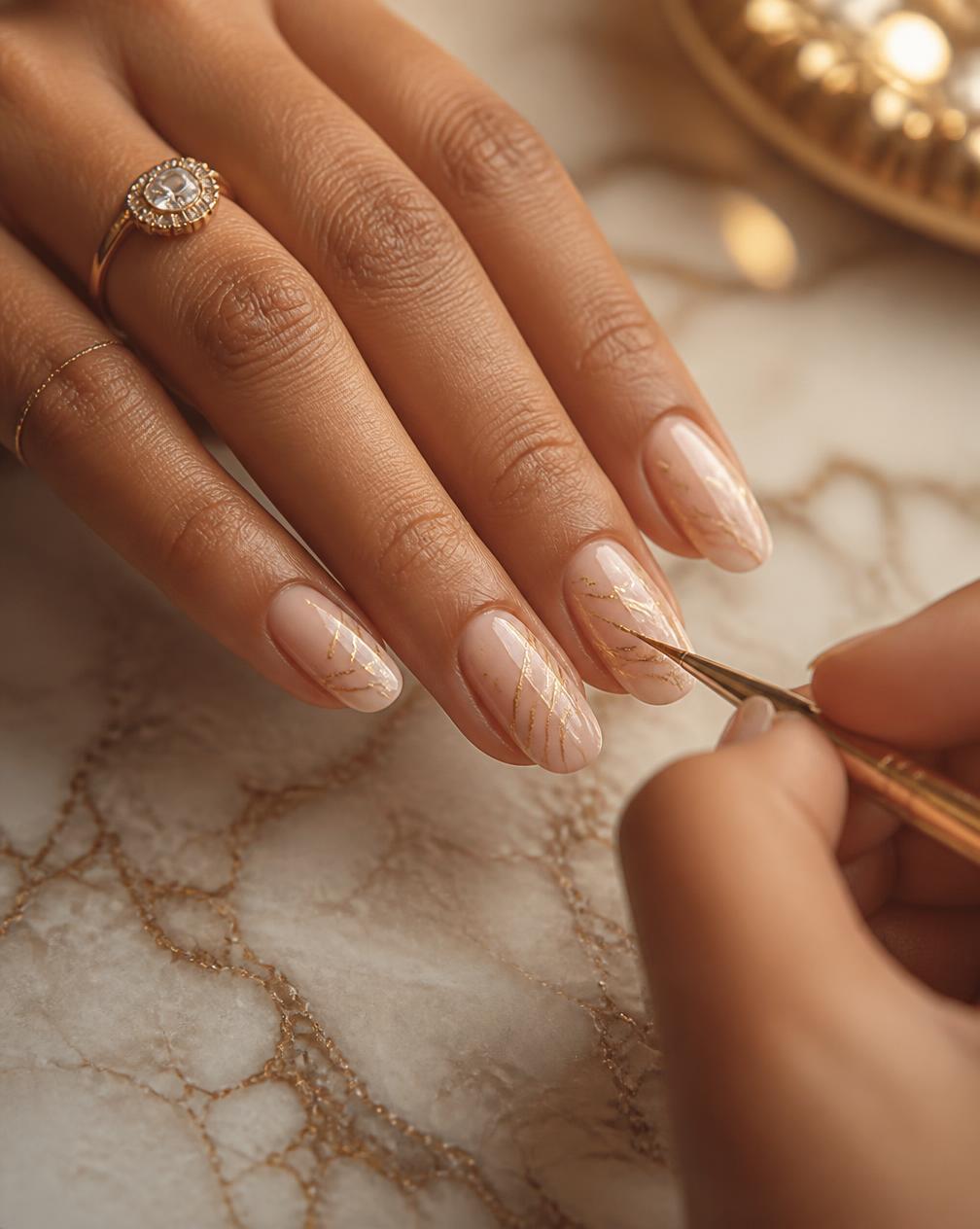 Minimal gold nail art being painted at Image nail salon in Rajarampuri