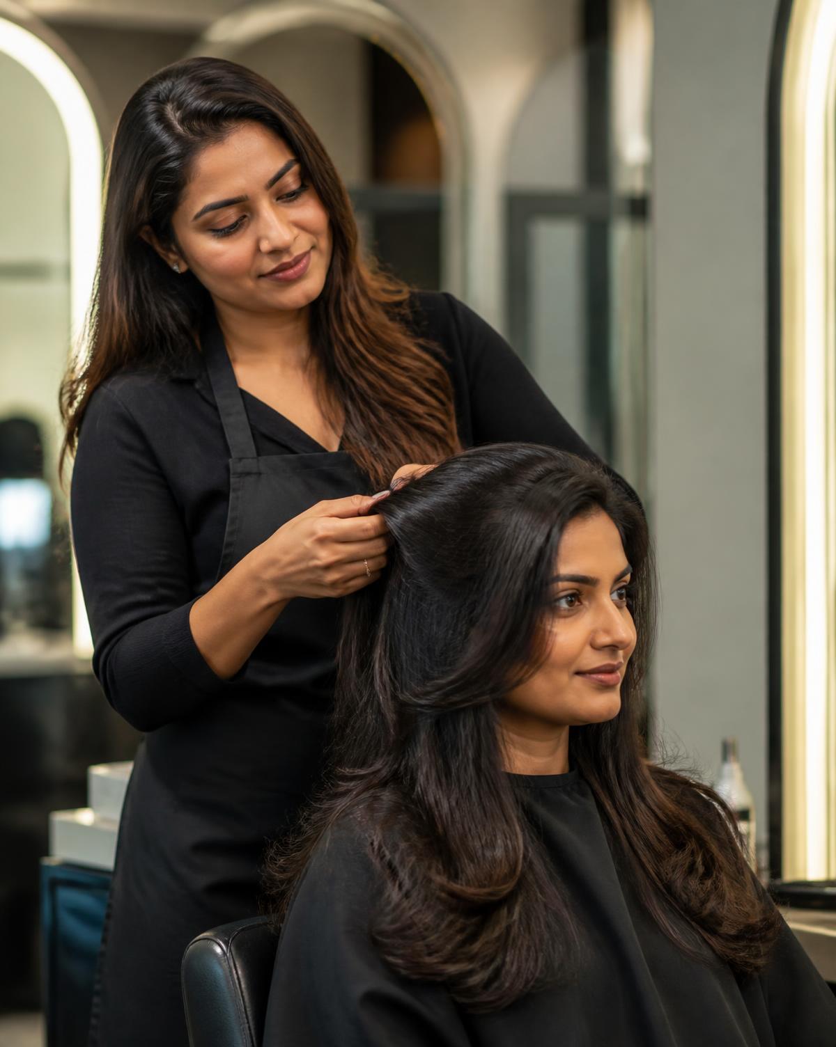 Indian hairstylist styling a client's long hair at Image salon, Kolhapur